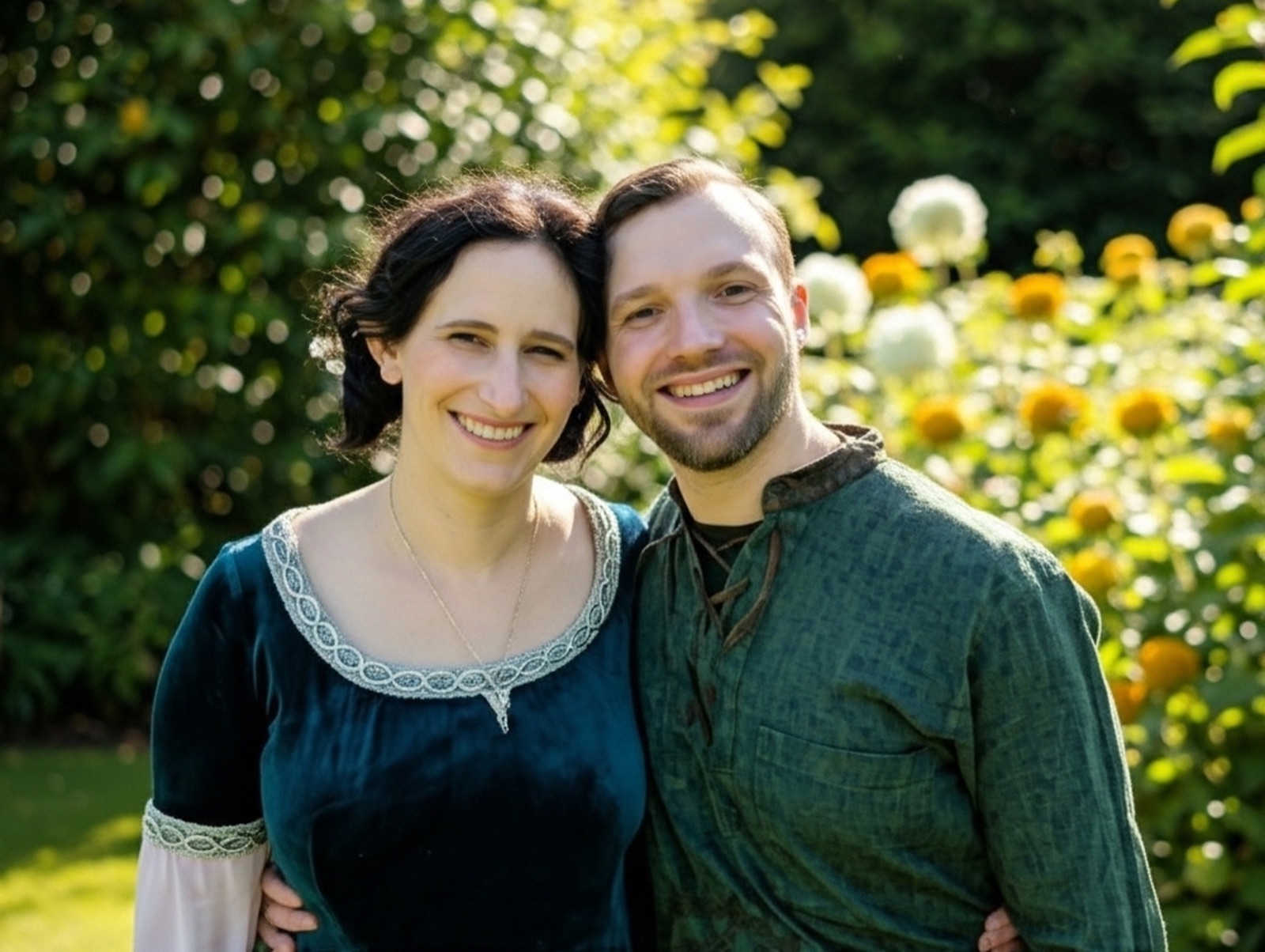 Lauren and Rick smiling together in a sunlit garden